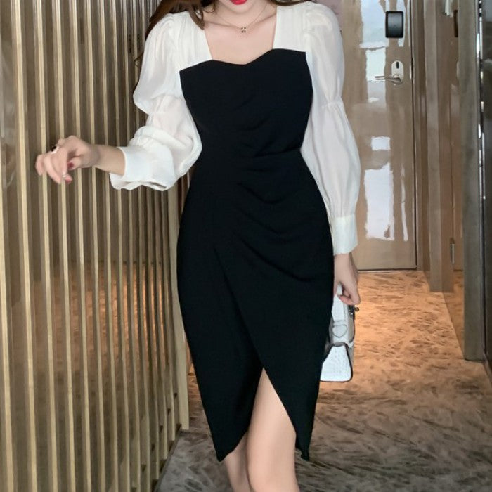 パフスリーブスリットAラインワンピース