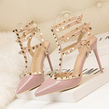Faux-Leather Heeled Sandals with Studded Ankle Straps