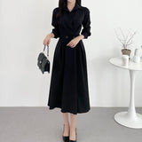 Lapel-Collar Double-Button Dress