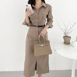 Lapel-Collar Slit Dress with Belt