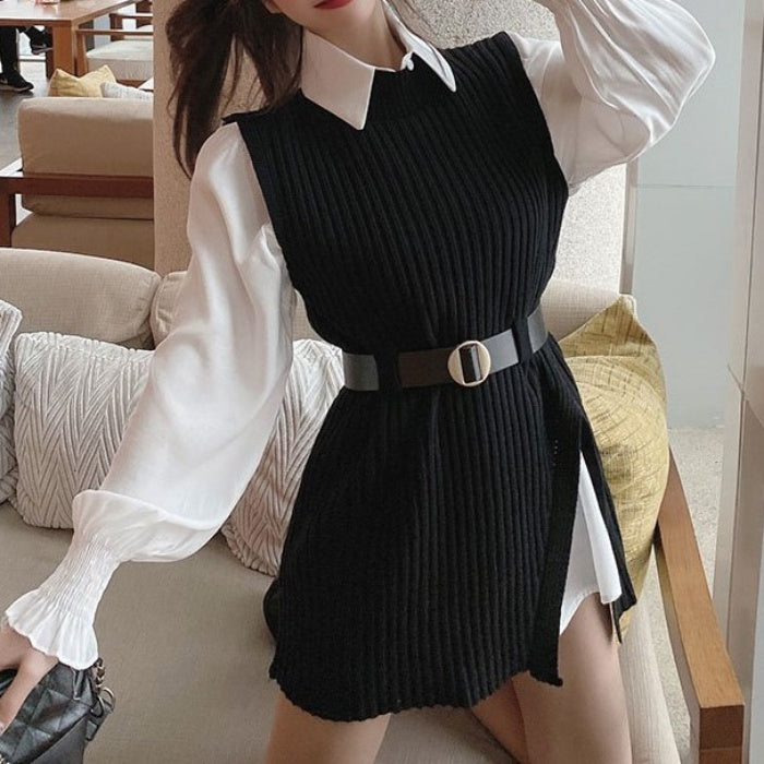 ニットベスト+シャツツーピース