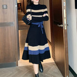 High-Neck Striped Long Dress