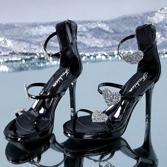 ハートストーンスティレットヒールサンダル