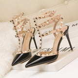 Faux-Leather Heeled Sandals with Studded Ankle Straps