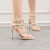 Metal-Studded Faux-Leather Strappy Heeled Sandals