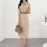 Lapel-Collar Slit Dress with Belt