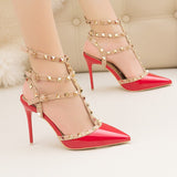 Faux-Leather Heeled Sandals with Studded Ankle Straps