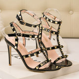 Metal-Studded Faux-Leather Strappy Heeled Sandals