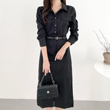 Lapel-Collar Slit Dress with Belt