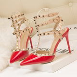 Faux-Leather Heeled Sandals with Studded Ankle Straps