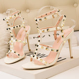 Metal-Studded Faux-Leather Strappy Heeled Sandals