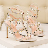 Metal-Studded Faux-Leather Strappy Heeled Sandals