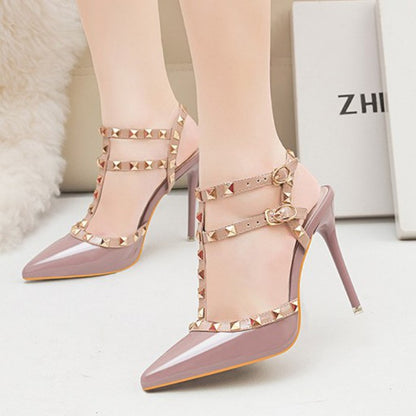 ダブルアンクルストラップリベットヒールサンダル