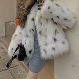 Snow Leopard-Print Short Faux Fur Coat
