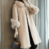 Three-Quarter-Sleeve Coat with a Fox-Effect Faux Fur Collar