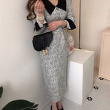 Long Contrast-Colour Tweed Dress