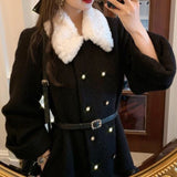 Belted Double-Breasted Coat with Fur Collar