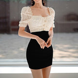 Square-Neck Lace-Panel Mock Two-Piece Dress