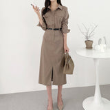 Lapel-Collar Slit Dress with Belt