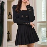 Square-neck jacket and short pleated skirt co-ord set