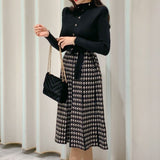 Lace-up houndstooth mock two-piece dress