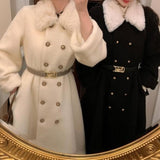 Belted Double-Breasted Coat with Fur Collar