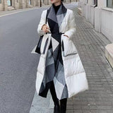 White Duck Down Coat with a Geometric-Patterned Collar