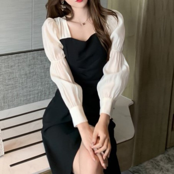 パフスリーブスリットAラインワンピース