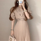 Puff Sleeve Belted Pleated Dress