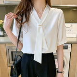V-Neck Long-Tie Chiffon Shirt