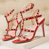 Metal-Studded Faux-Leather Strappy Heeled Sandals