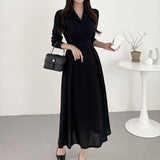 Lapel-Collar High-Waisted A-Line Dress
