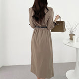 Lapel-Collar Slit Dress with Belt