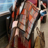 Checked Tassel Shawl Cape