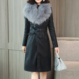 Brushed-Lined Faux Leather Coat with Oversized Fur Collar