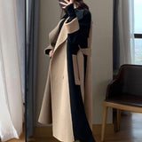 Contrast-Colour Long Wool Coat