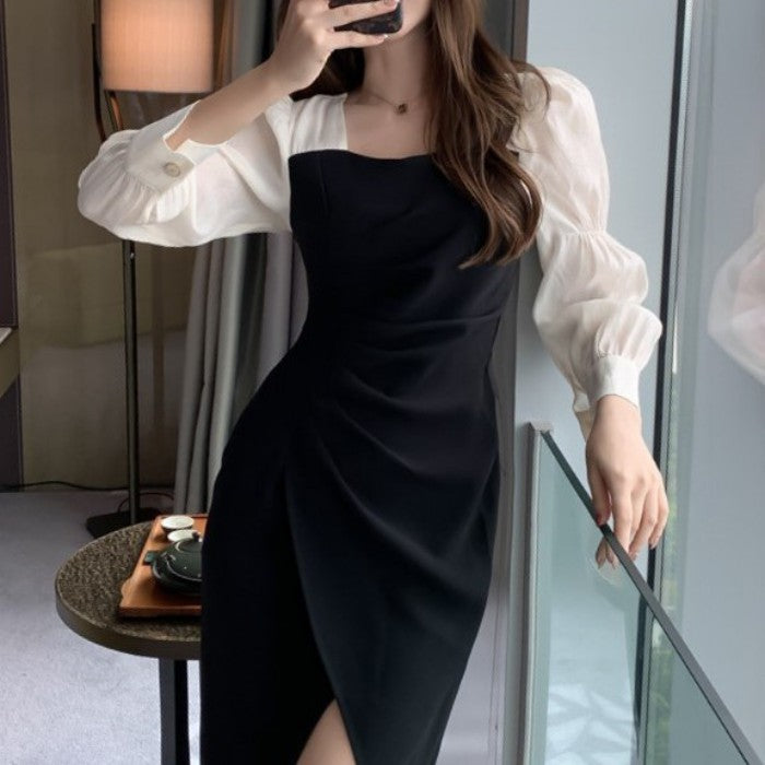 パフスリーブスリットAラインワンピース