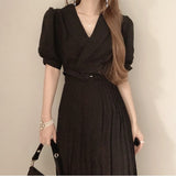 Puff Sleeve Belted Pleated Dress