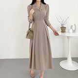 Lapel-Collar High-Waisted A-Line Dress