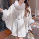 Belted Cape Coat with Faux Fur Collar
