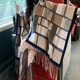 Checked Tassel Shawl Cape