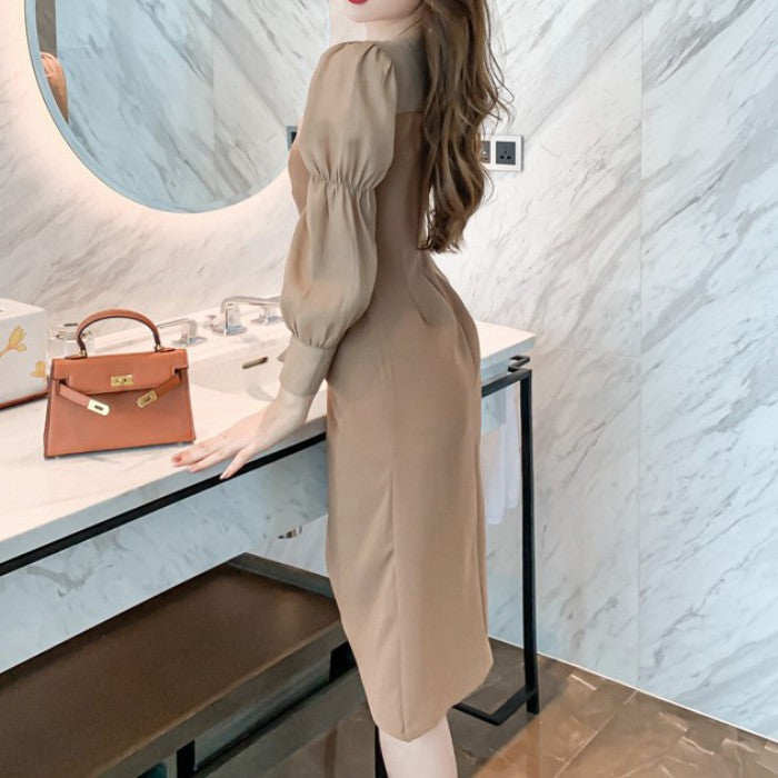 パフスリーブスリットAラインワンピース