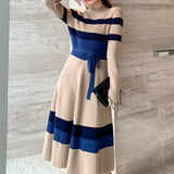 High-Neck Striped Long Dress