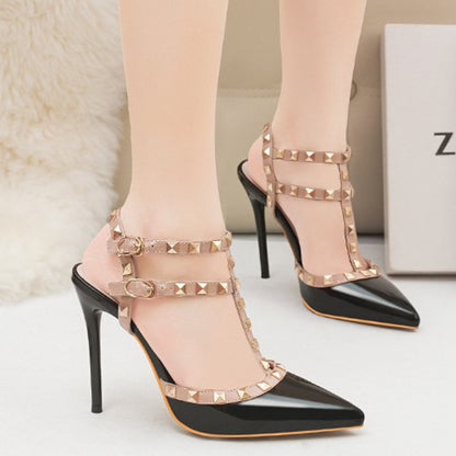 ダブルアンクルストラップリベットヒールサンダル